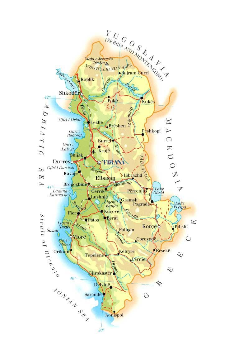 карта физическая карта Албании